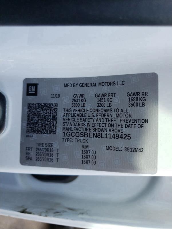 2020 CHEVROLET COLORADO 1GCGSBEN8L1149425