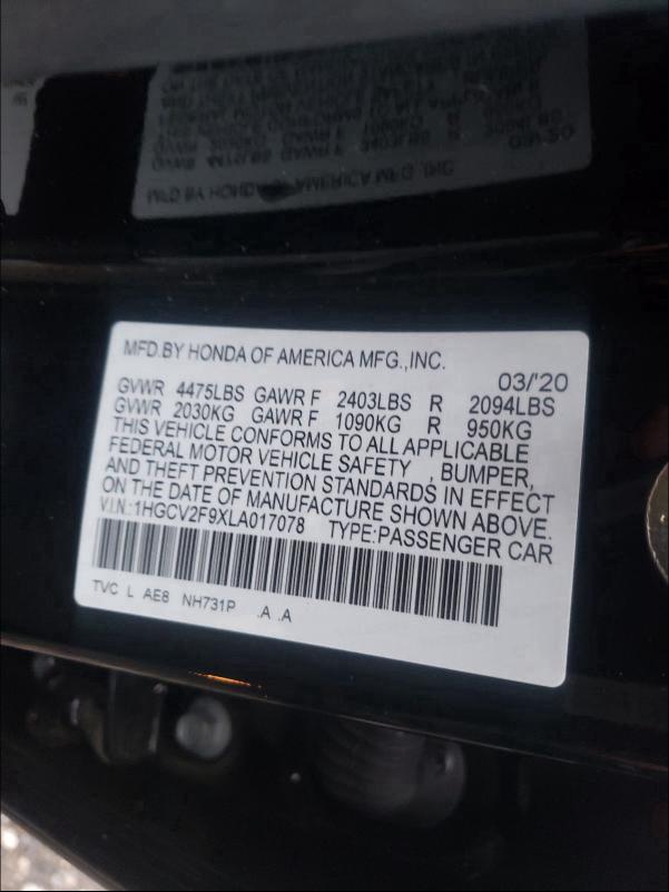2020 HONDA ACCORD 1HGCV2F9XLA017078