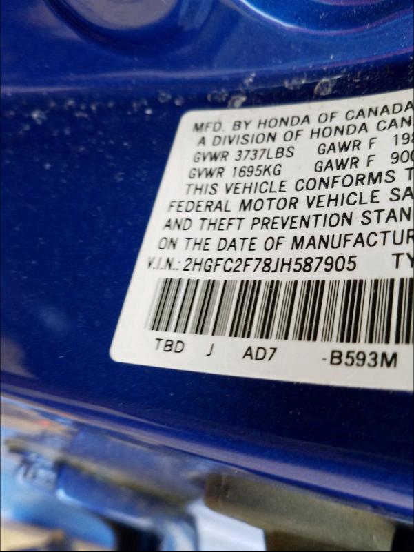 2018 HONDA CIVIC EX 2HGFC2F78JH587905