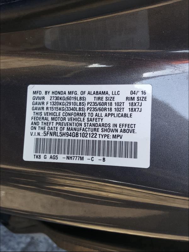 2016 HONDA ODYSSEY TO 5FNRL5H94GB102122