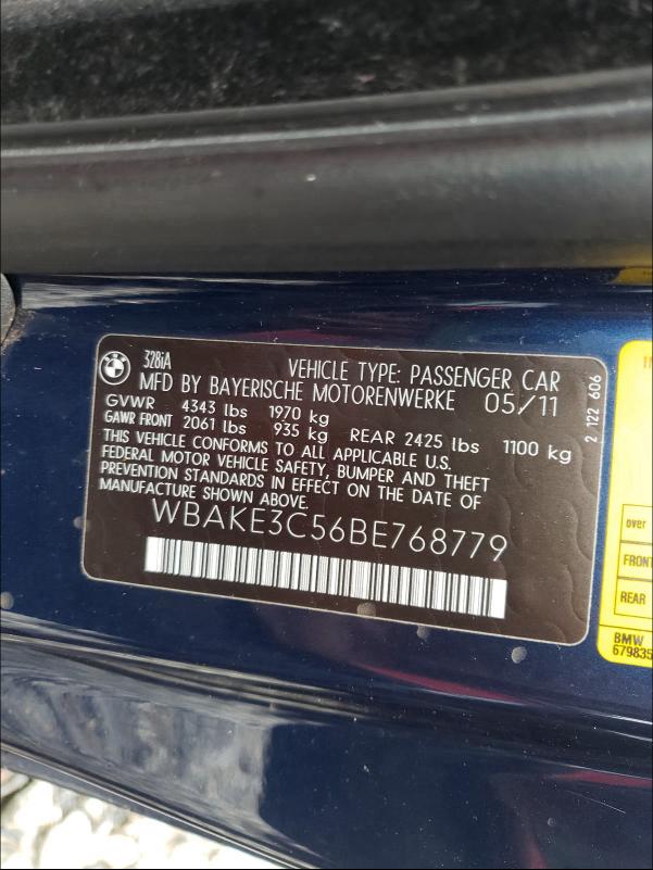 2011 BMW 328 I WBAKE3C56BE768779