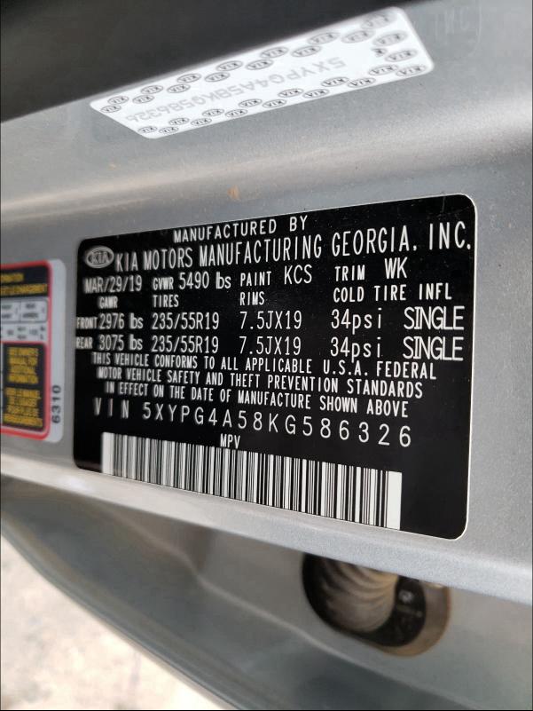 2019 KIA SORENTO LX 5XYPG4A58KG586326
