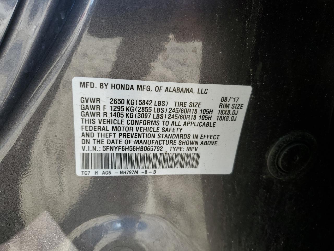 5FNYF6H56HB065792 HONDA PILOT 2017