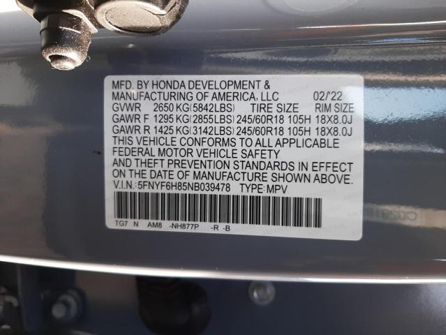 2022 HONDA PILOT TRAI 5FNYF6H85NB039478