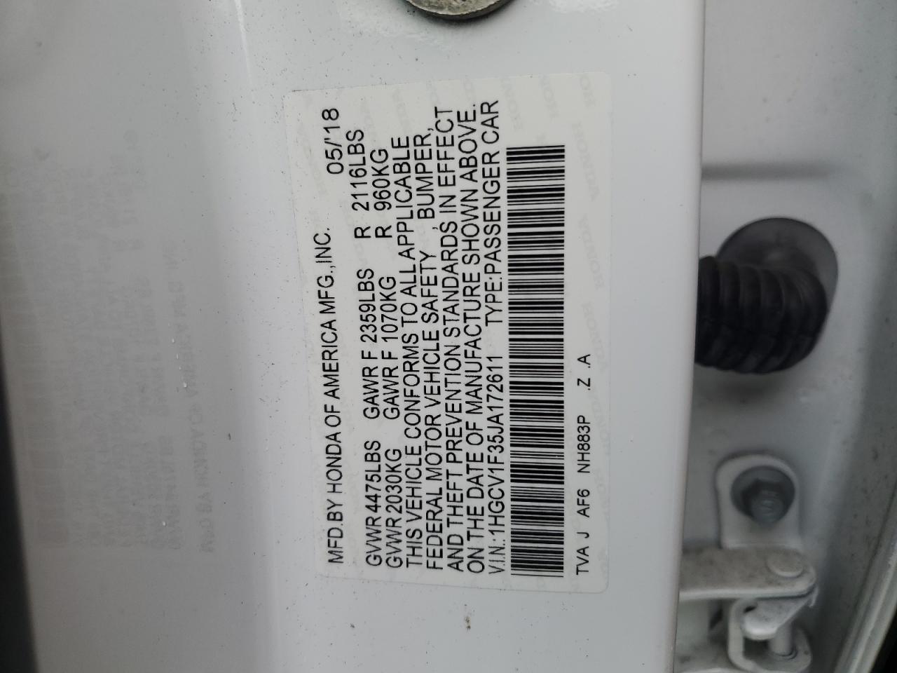 1HGCV1F35JA172611 HONDA ACCORD 2018