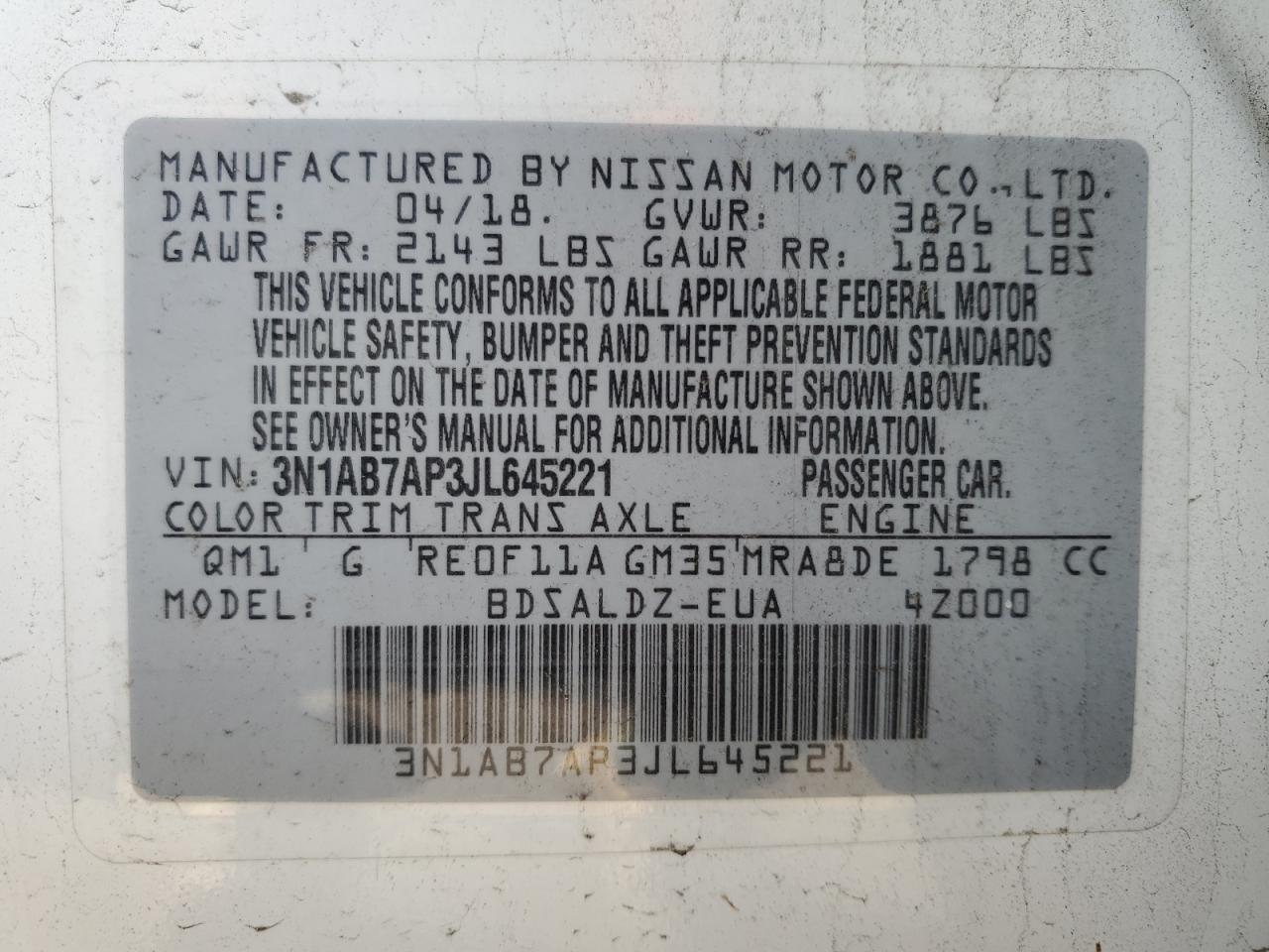 3N1AB7AP3JL645221 NISSAN SENTRA 2018