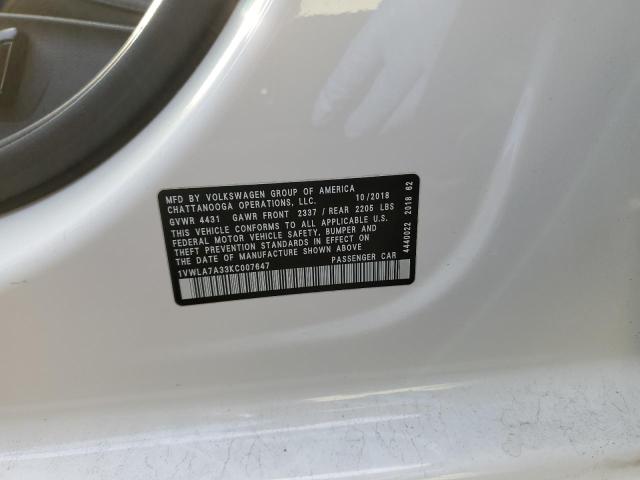 2019 VOLKSWAGEN PASSAT WOL - 1VWLA7A33KC007647