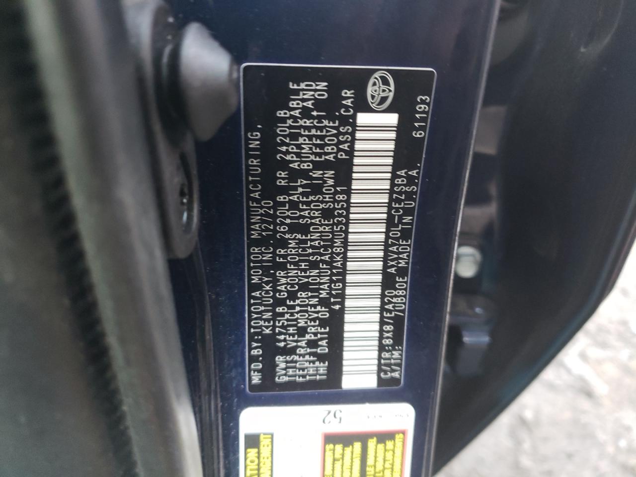 4T1G11AK8MU533581 TOYOTA CAMRY 2021