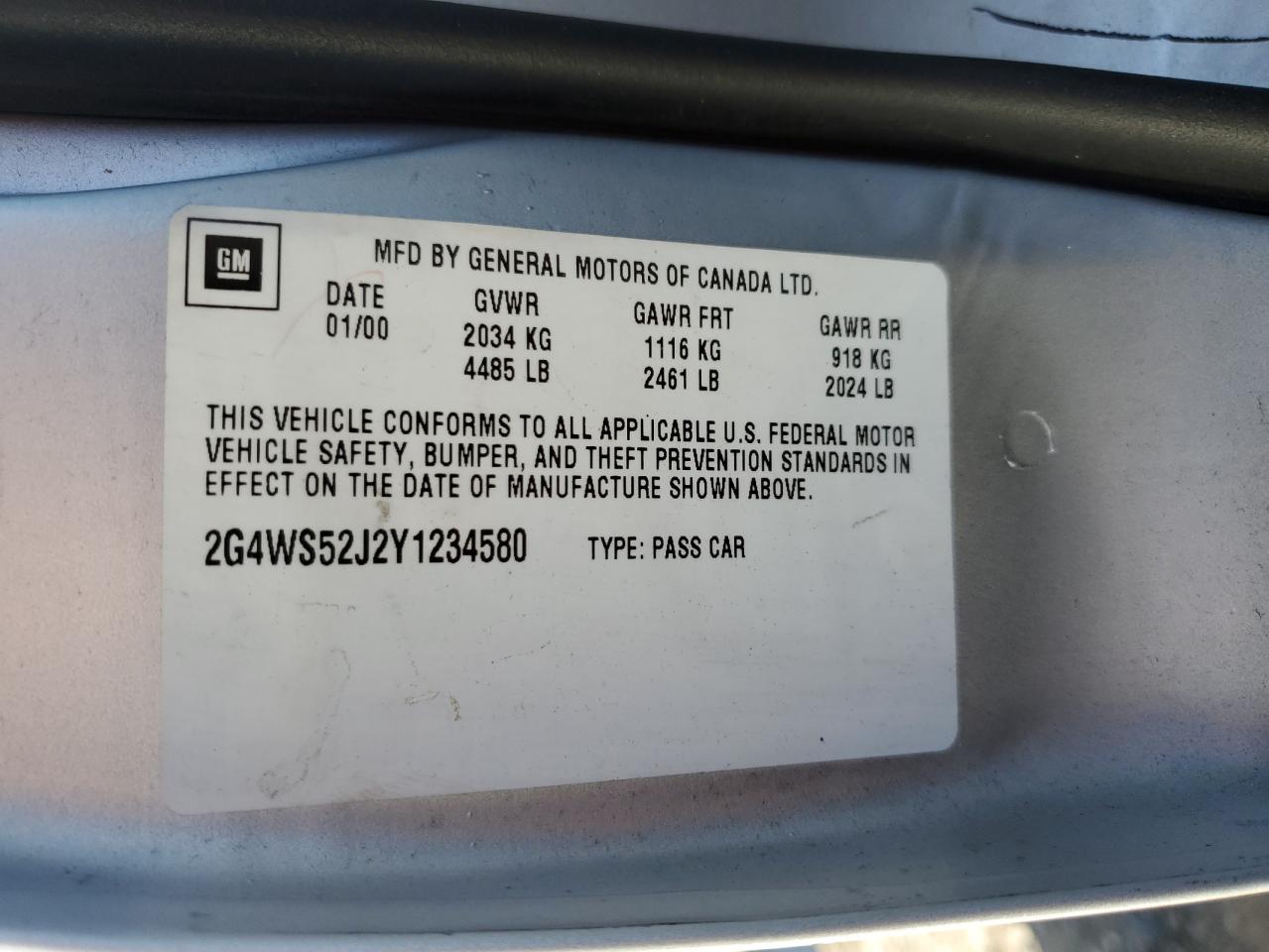 2000 Buick Century Custom VIN: 2G4WS52J2Y1234580 Lot: 55918985