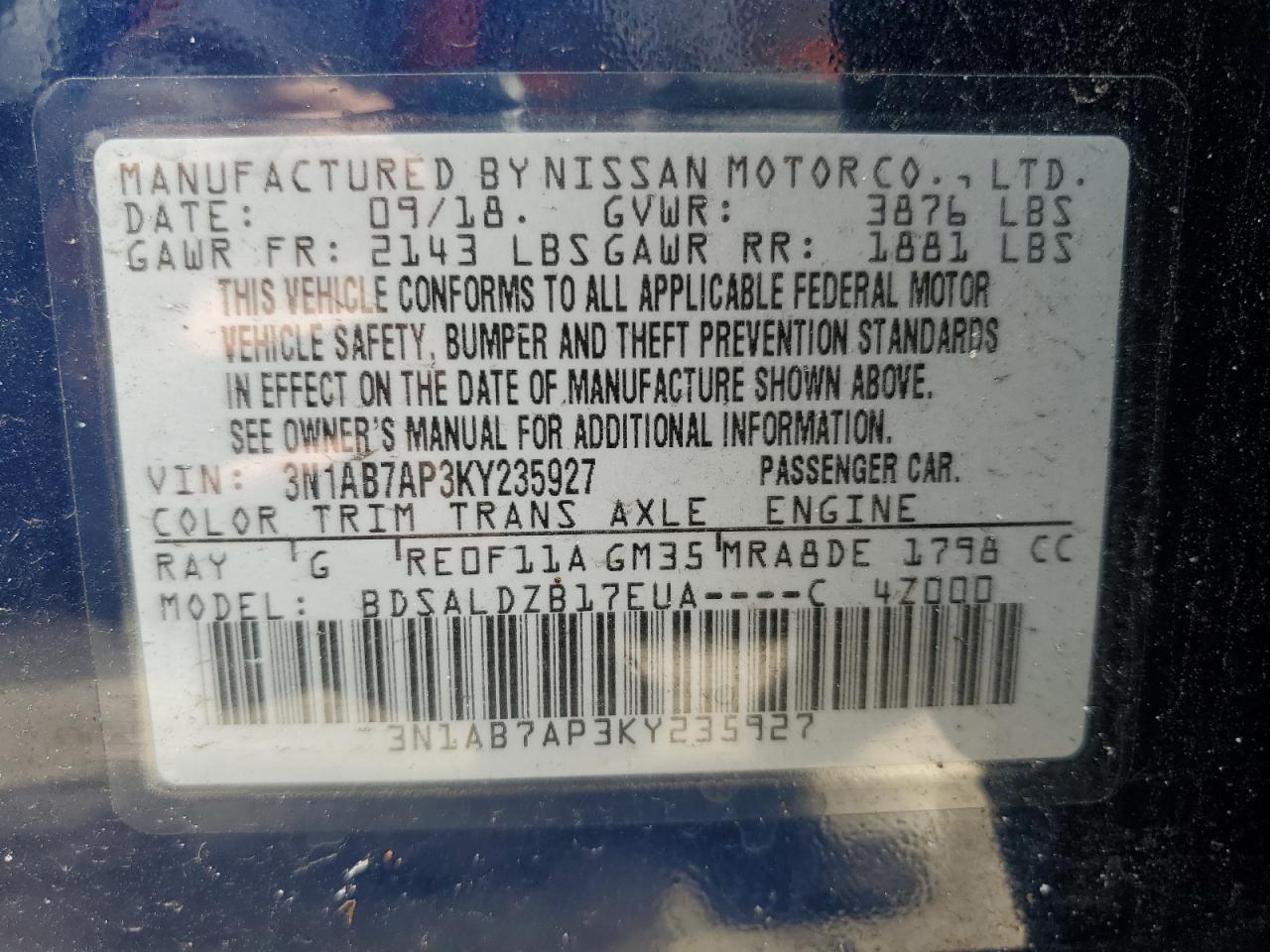 2019 Nissan Sentra S VIN: 3N1AB7AP3KY235927 Lot: 73212732