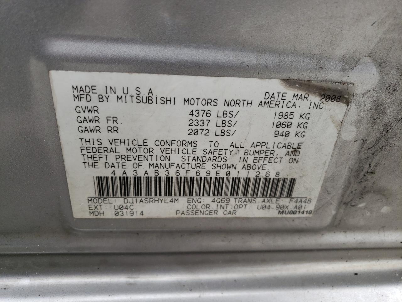 4A3AB36F69E011268 2009 Mitsubishi Galant Es