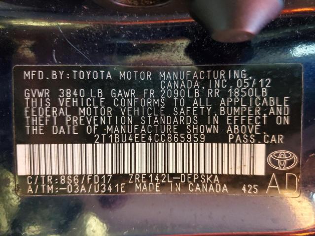 2012 Toyota Corolla Base VIN: 2T1BU4EE4CC865959 Lot: 72423132