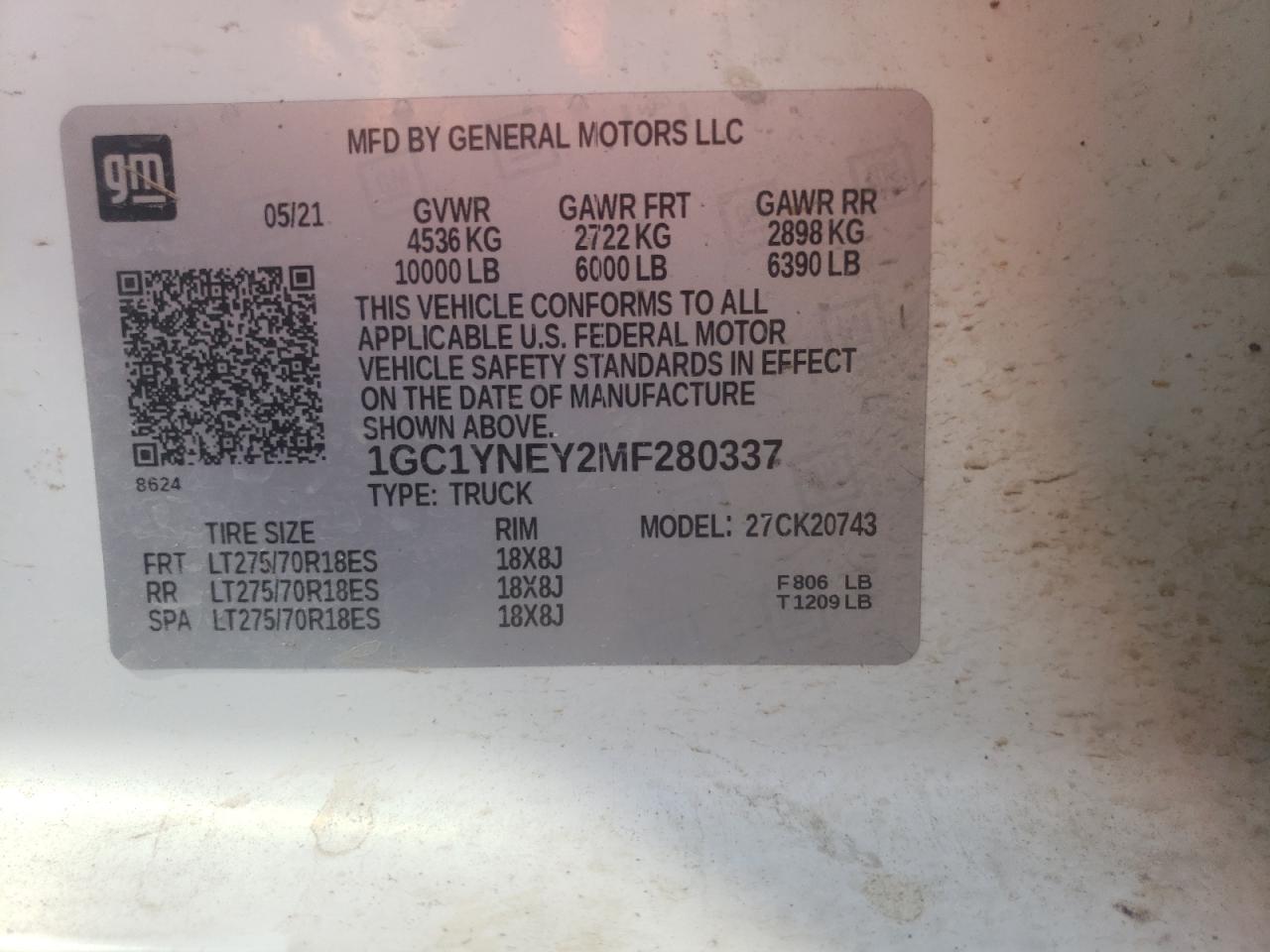 1GC1YNEY2MF280337 CHEVROLET ALL Models 2021