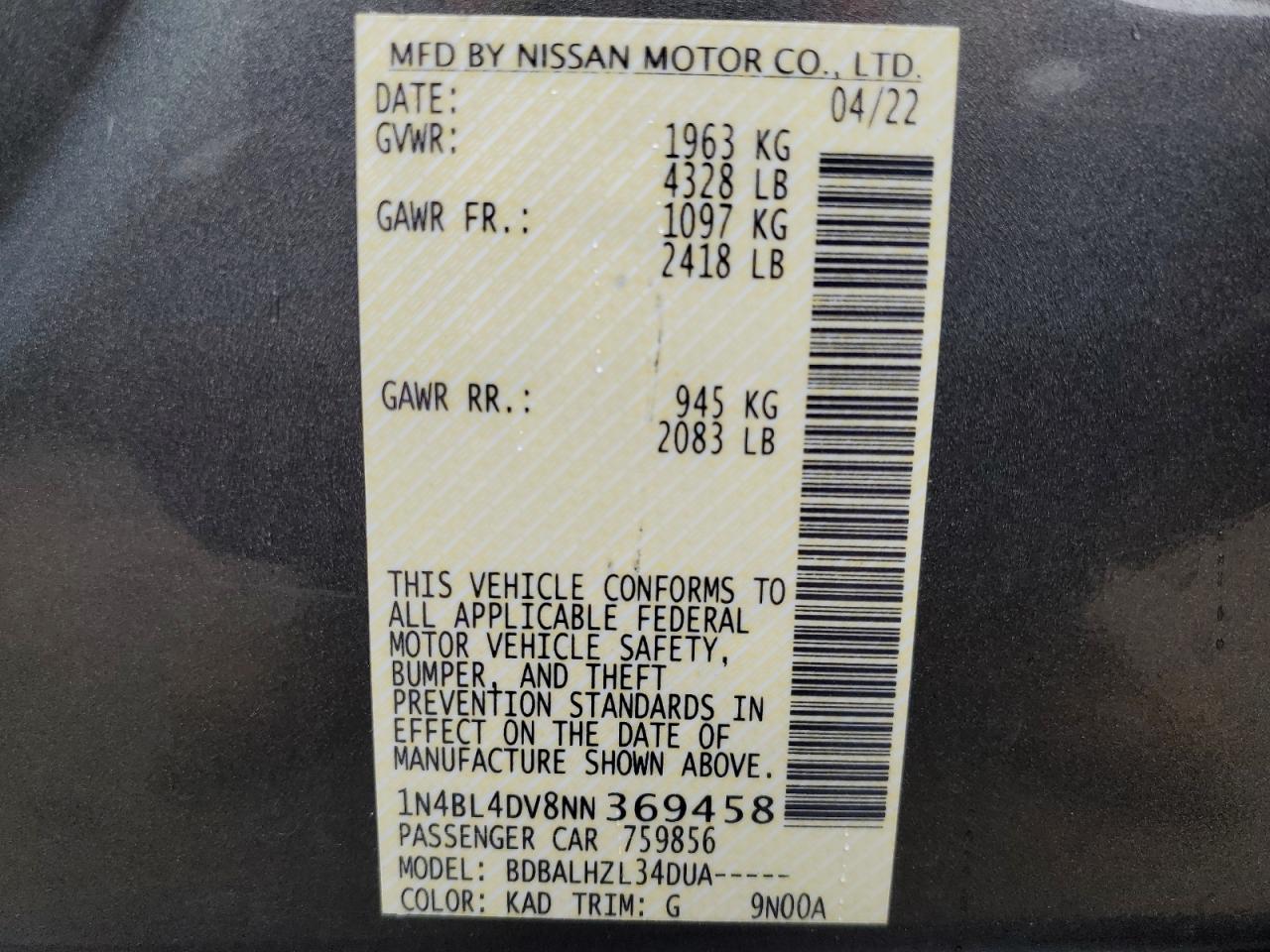 VIN: 1N4BL4DV8NN369458 2022 NISSAN ALTIMA