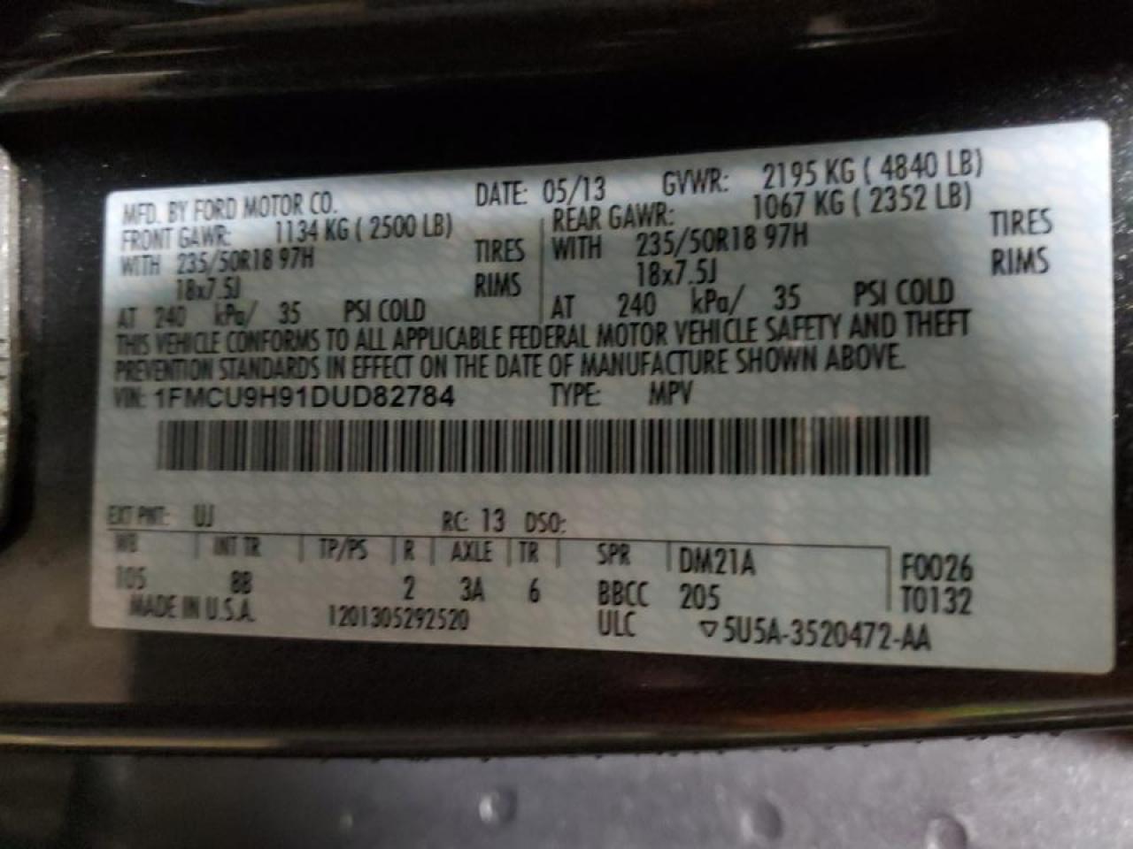 1FMCU9H91DUD82784 2013 Ford Escape Sel