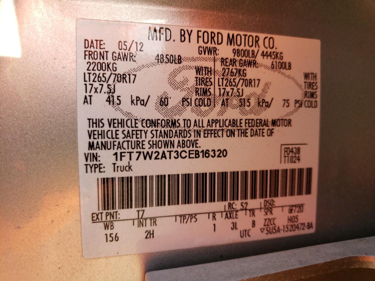 1FT7W2AT3CEB16320 2012 Ford F250 Super Duty