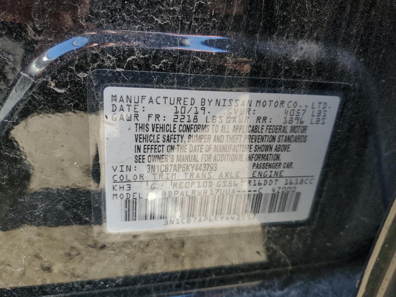 3N1CB7AP6KY443793 NISSAN SENTRA 2019