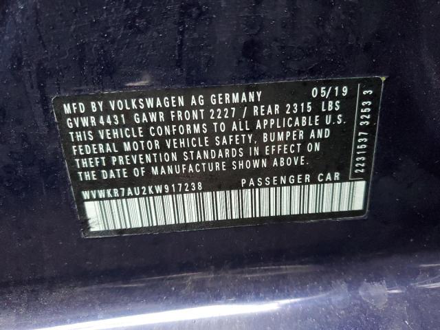 2019 VOLKSWAGEN E-GOLF SE WVWKR7AU2KW917238