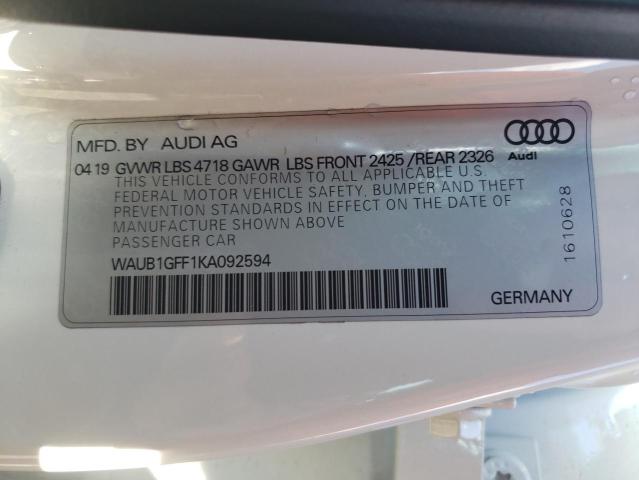 2019 AUDI S3 PREMIUM - WAUB1GFF1KA092594