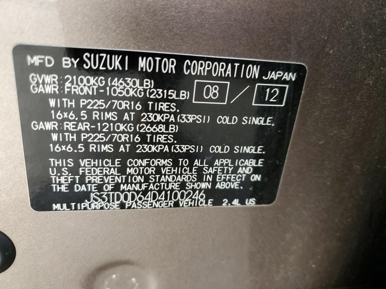 VIN JS3TD0D64D4100246 2013 SUZUKI GR VITARA no.13