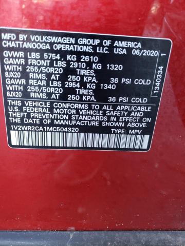 2021 VOLKSWAGEN ATLAS VIN: 1V2WR2CA1MC504320