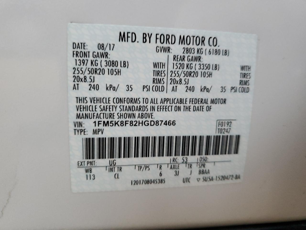 1FM5K8F82HGD87466 FORD EXPLORER 2017