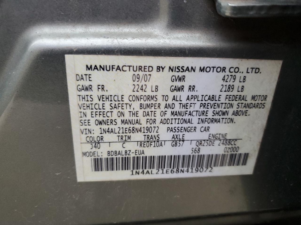 1N4AL21E68N419072 2008 Nissan Altima 2.5