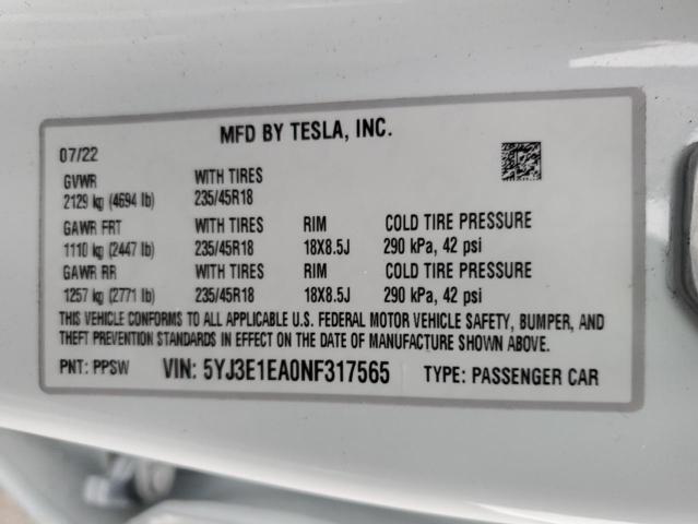 5YJ3E1EA0NF317565 Tesla MODEL 3