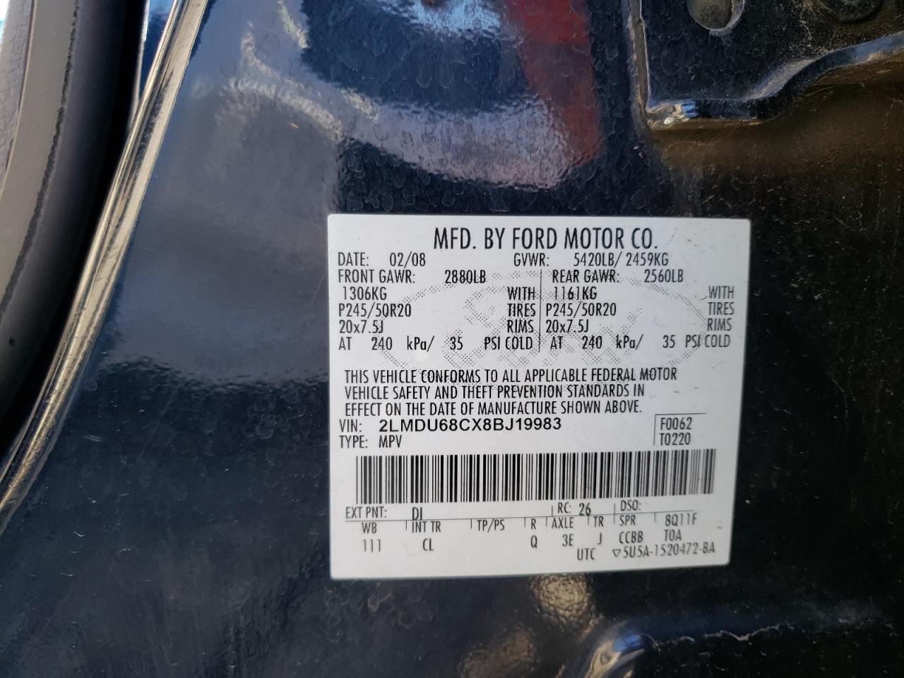 2008 Lincoln Mkx VIN: 2LMDU68CX8BJ19983 Lot: 73436242