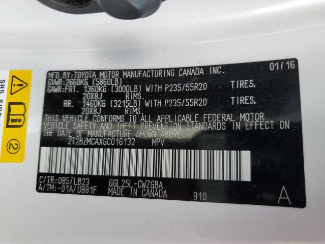 2016 LEXUS RX 350 BAS 2T2BZMCAXGC016132