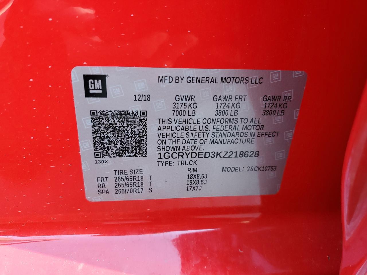1GCRYDED3KZ218628 CHEVROLET ALL Models 2019
