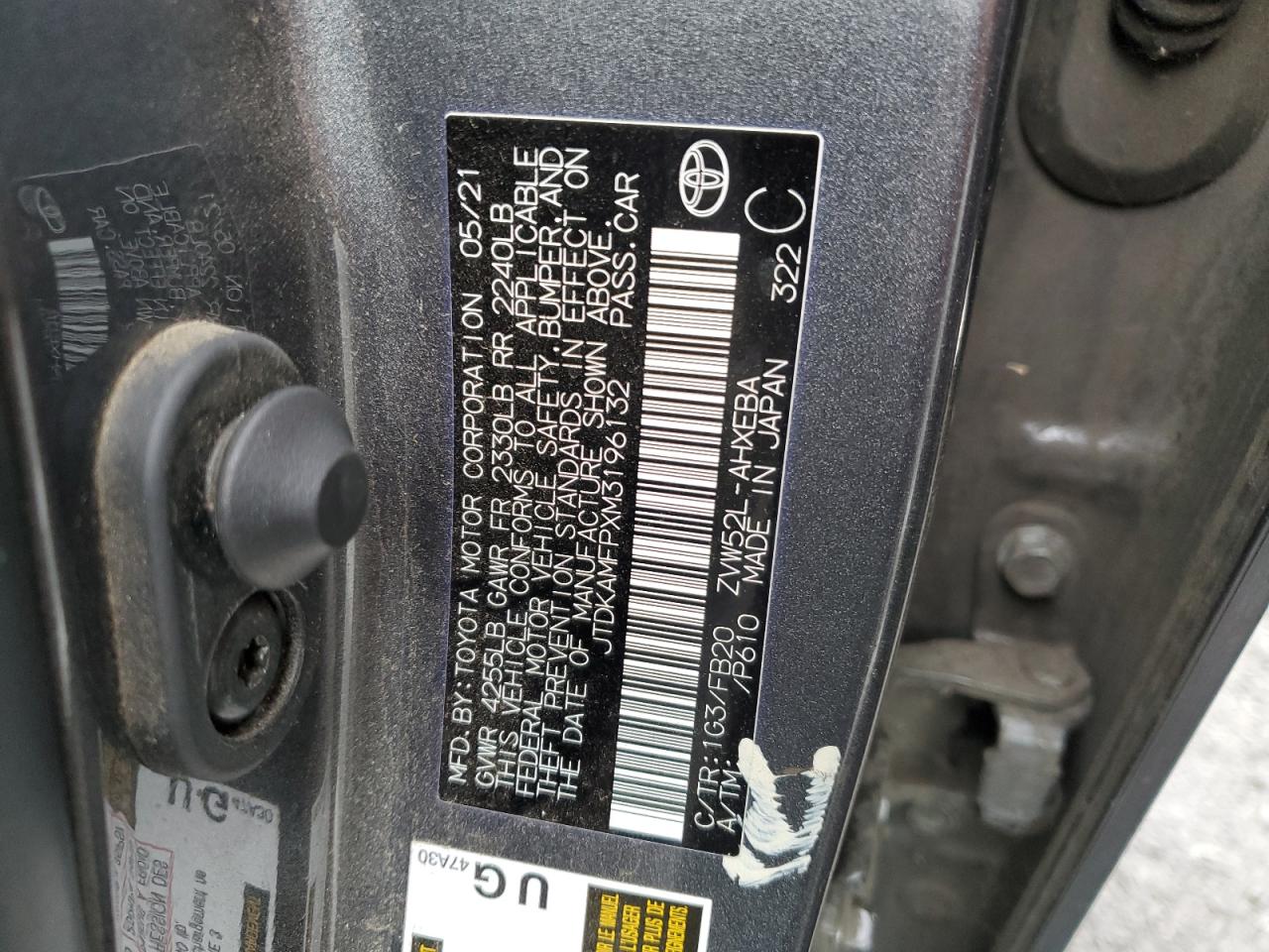 JTDKAMFPXM3196132 TOYOTA PRIUS 2021