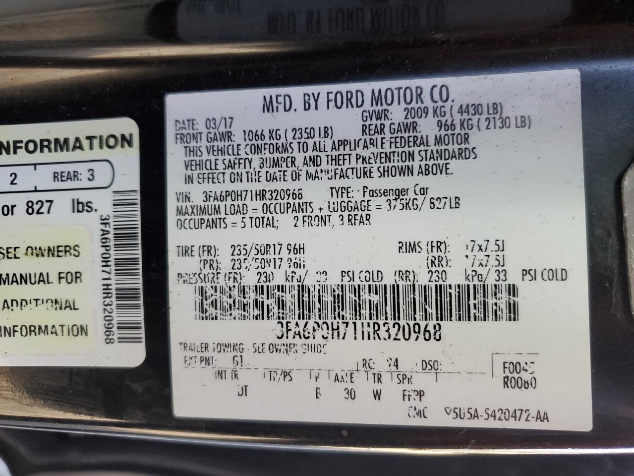 3FA6P0H71HR320968 FORD FUSION 2017