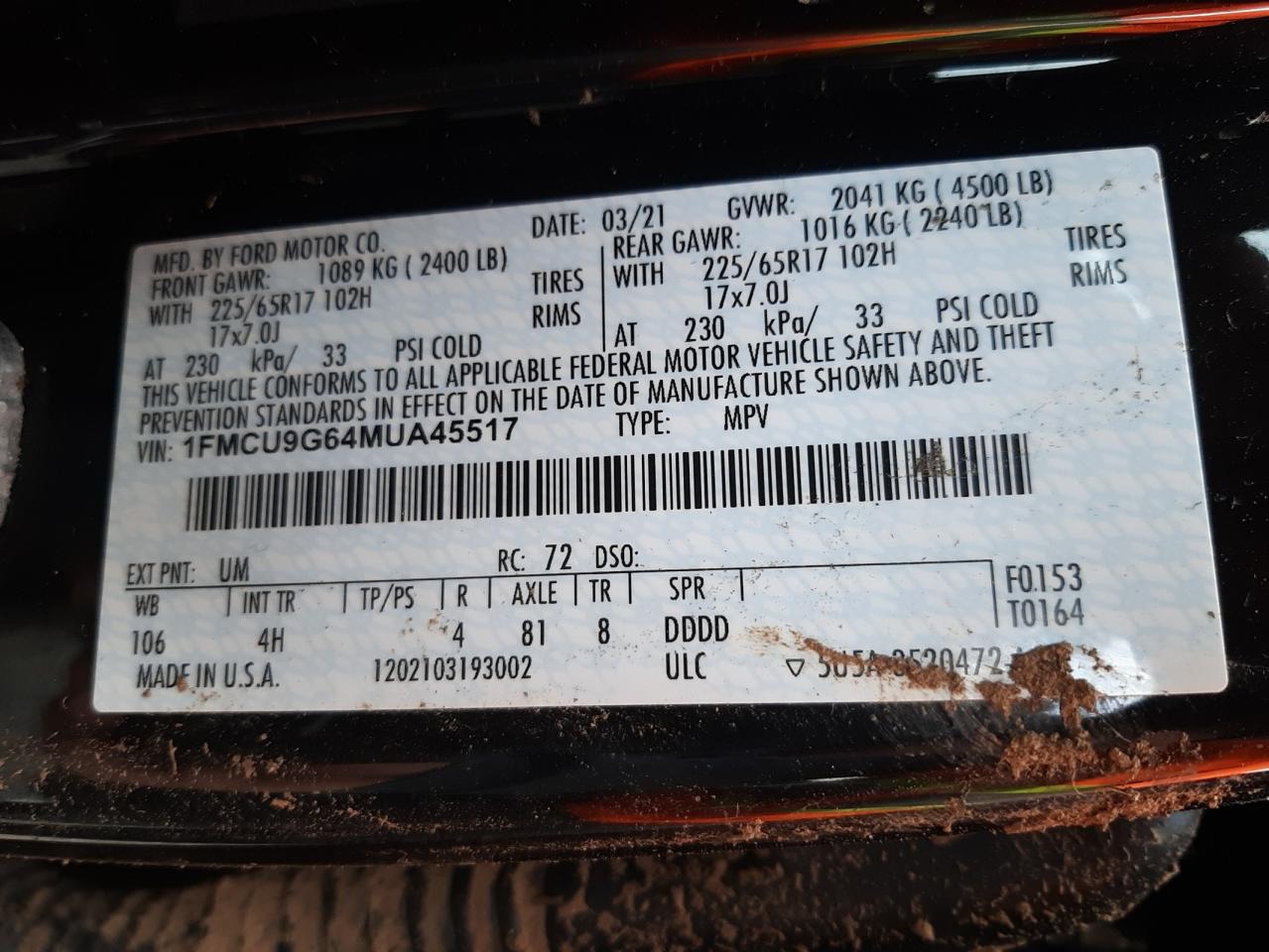 1FMCU9G64MUA45517 FORD ESCAPE 2021