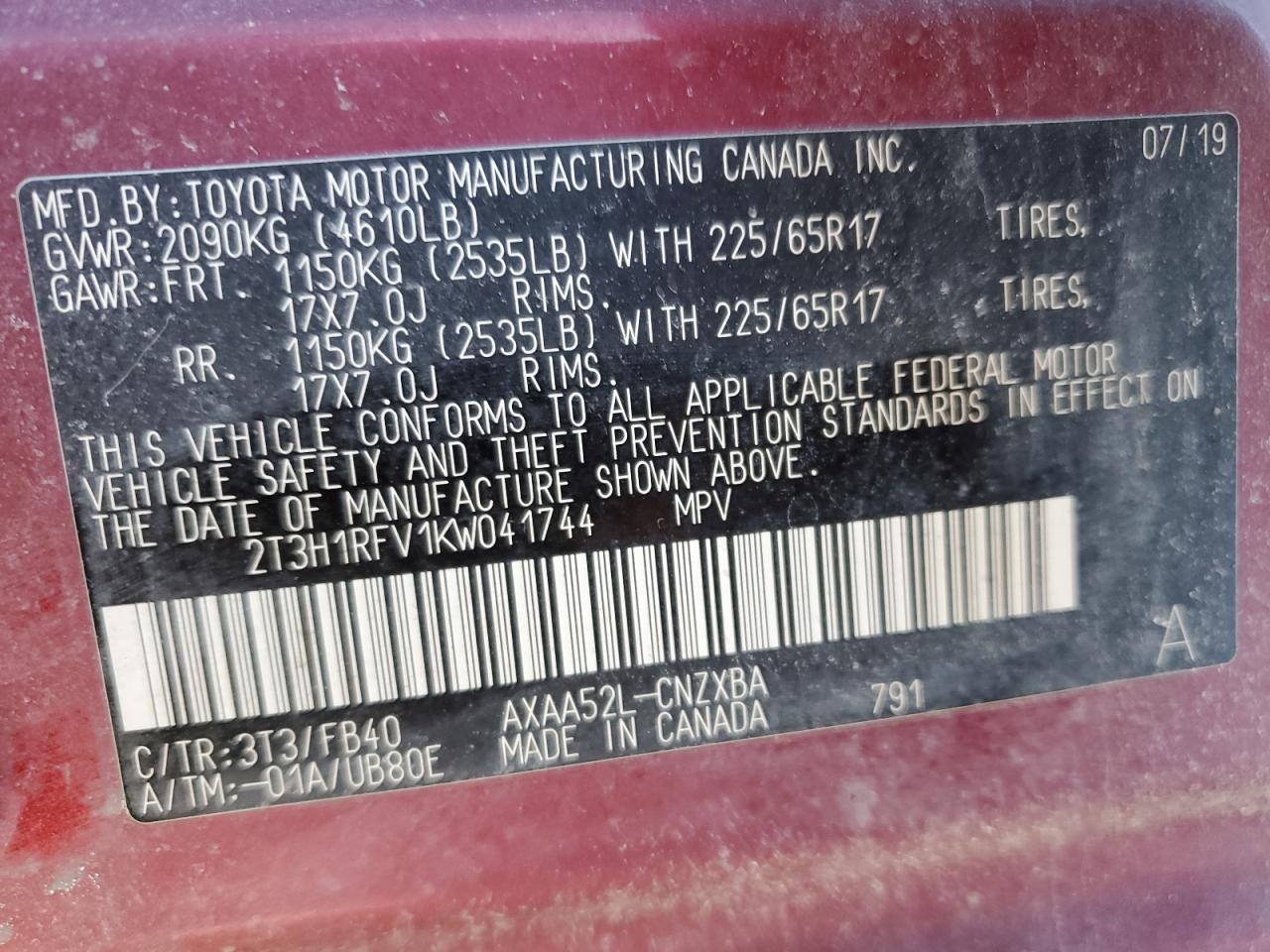 2T3H1RFV1KW041744 TOYOTA RAV4 2019