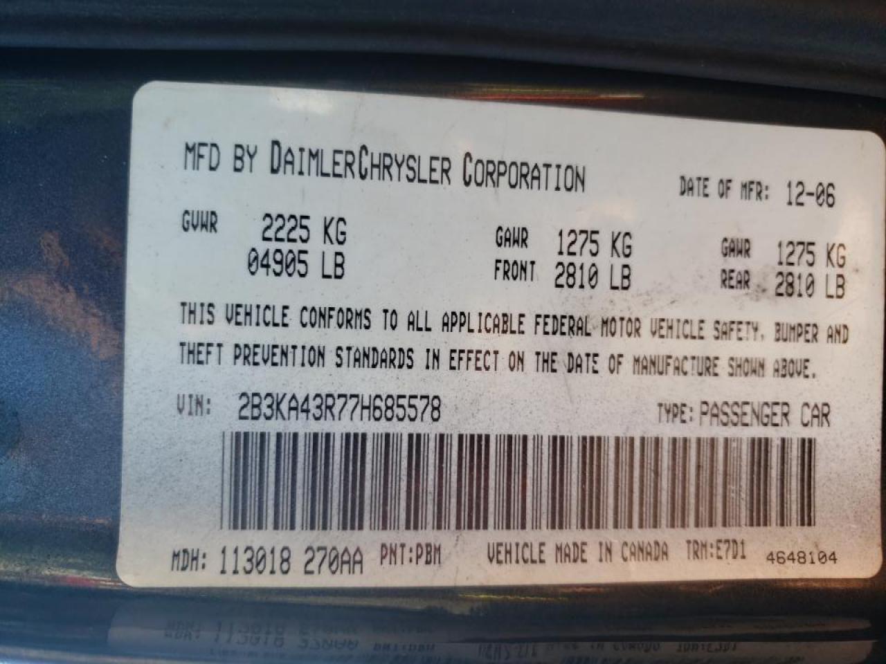 2007 Dodge Charger Se VIN: 2B3KA43R77H685578 Lot: 36188423