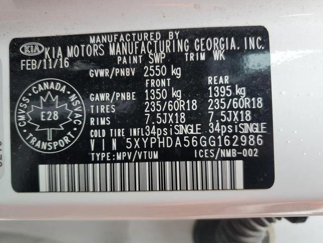 5XYPHDA56GG162986 KIA SORENTO EX