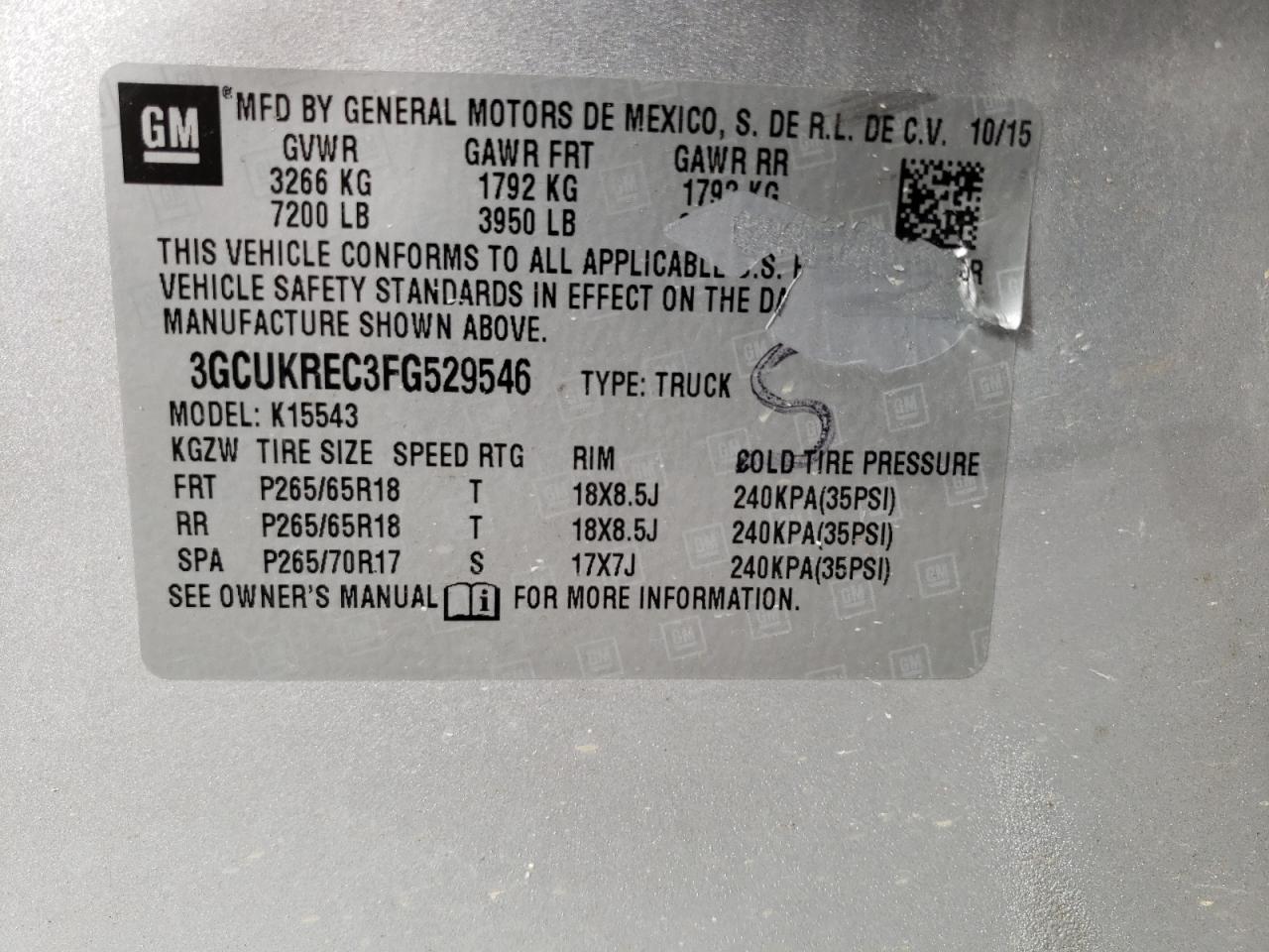 3GCUKREC3FG529546 2015 Chevrolet Silverado K1500 Lt