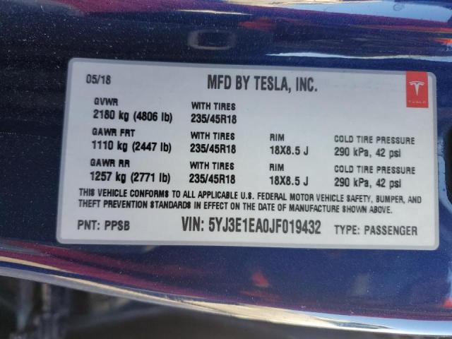 5YJ3E1EA0JF019432 Tesla MODEL 3