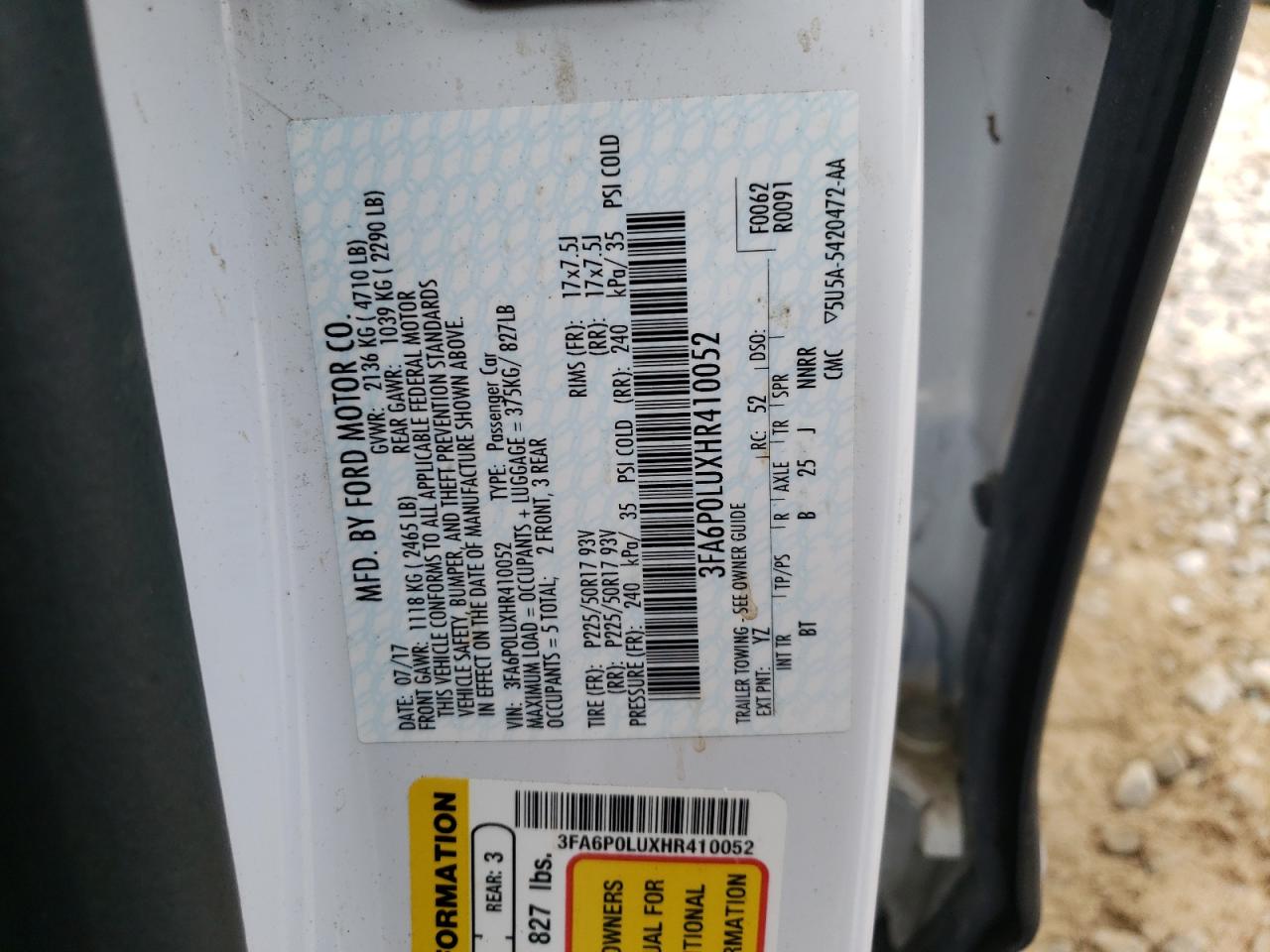 3FA6P0LUXHR410052 FORD FUSION 2017