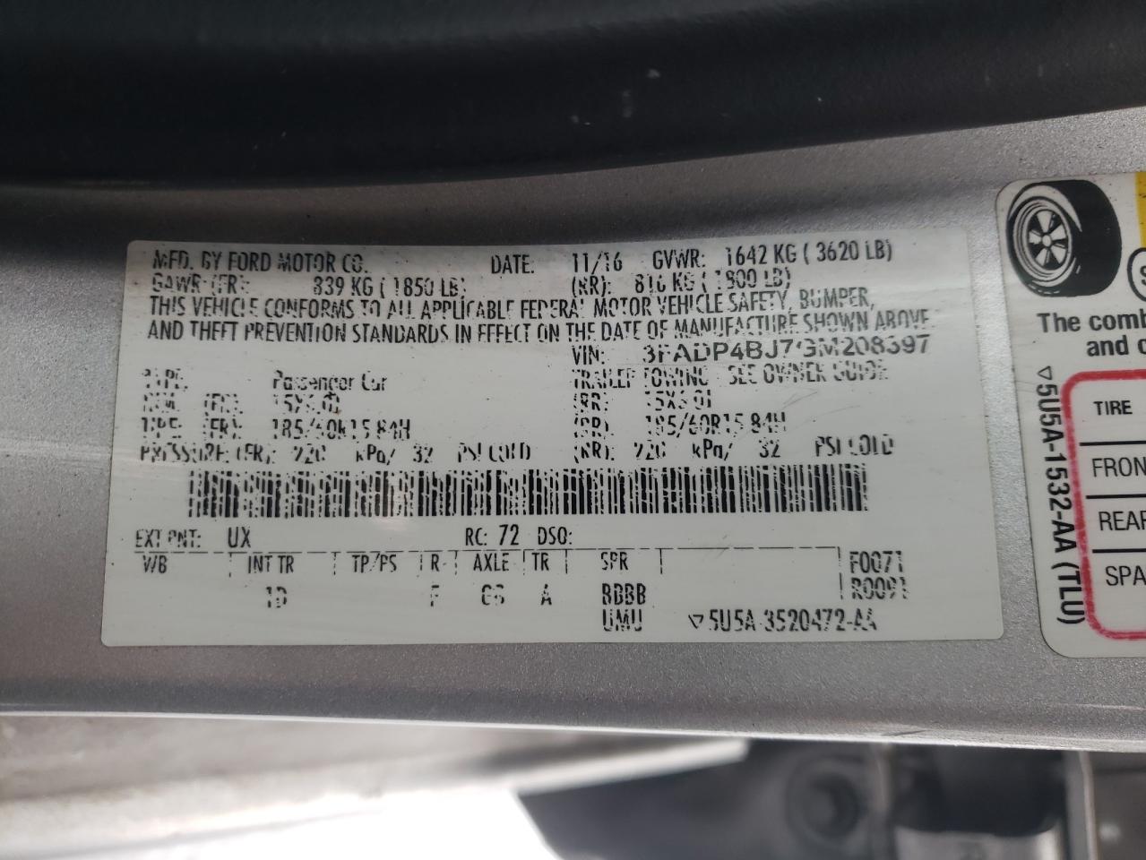 3FADP4BJ7GM208397 FORD FIESTA 2016