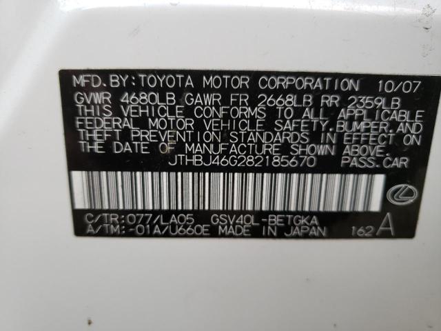 2008 Lexus Es 350 VIN: JTHBJ46G282185670 Lot: 36672743