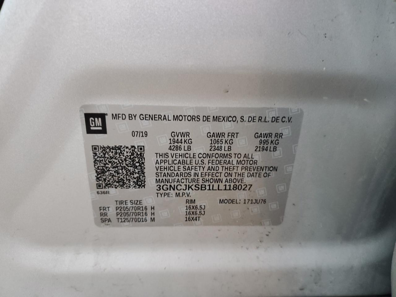 3GNCJKSB1LL118027 CHEVROLET TRAX 2020
