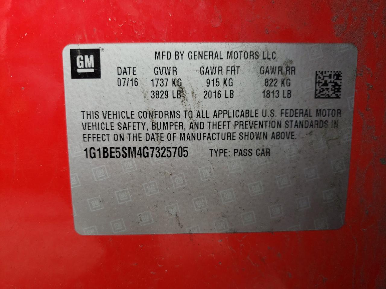 1G1BE5SM4G7325705 CHEVROLET CRUZE 2016