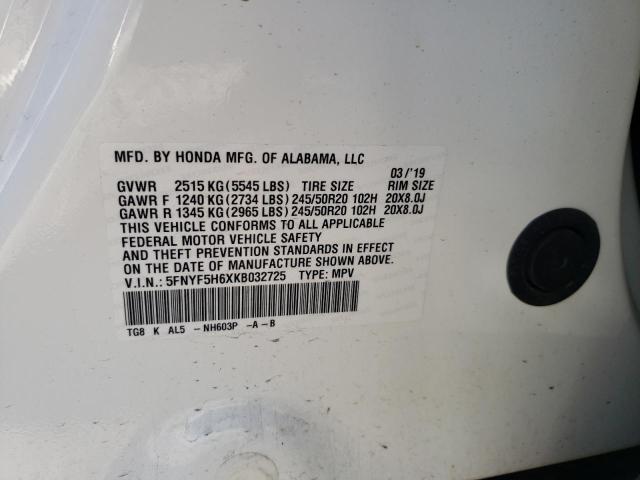 2019 HONDA PILOT TOUR - 5FNYF5H6XKB032725