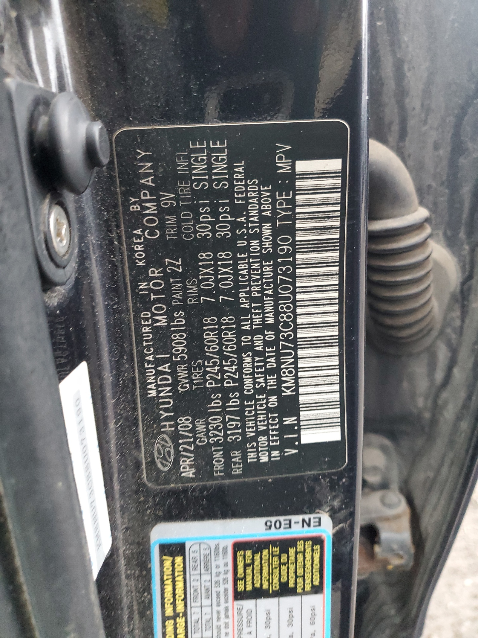 KM8NU73C88U073190 2008 Hyundai Veracruz Gls