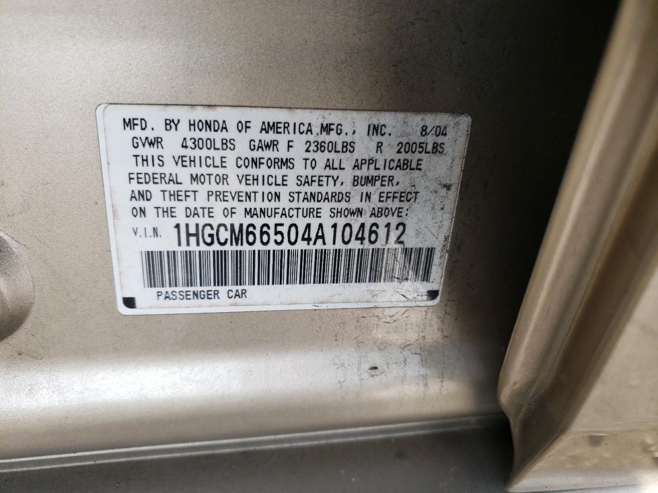 2004 Honda Accord Ex VIN: 1HGCM66504A104612 Lot: 36892543