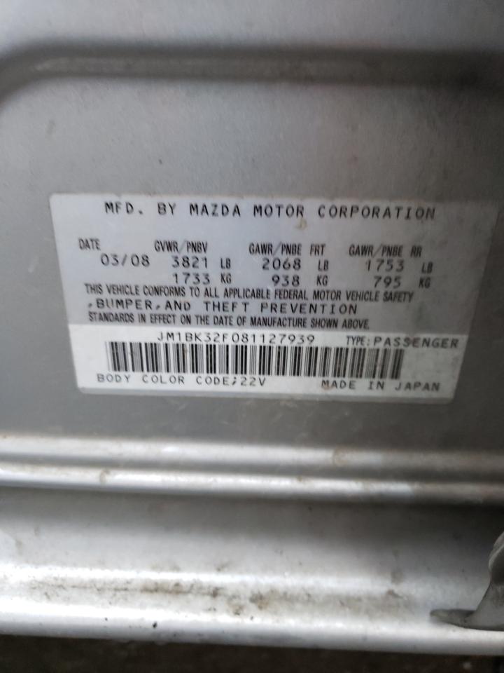 2008 Mazda 3 I VIN: JM1BK32F081127939 Lot: 36830613