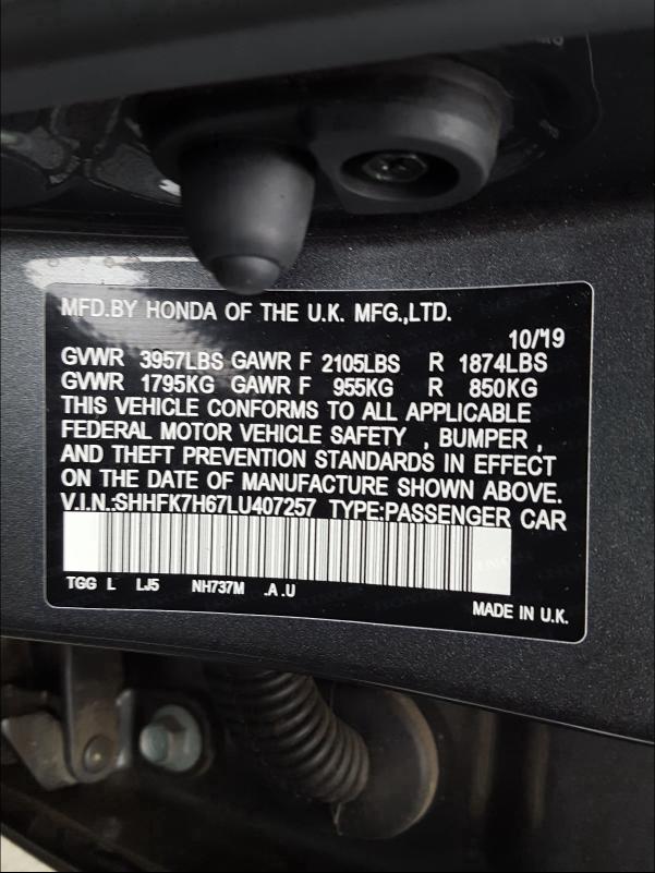 2020 HONDA CIVIC EX SHHFK7H67LU407257