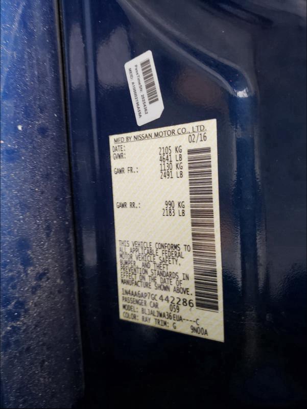 2016 NISSAN MAXIMA 3.5 1N4AA6AP7GC442286